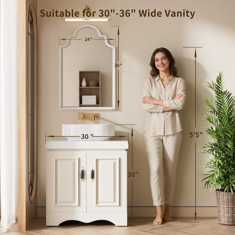Farmhouse Distressed White Arch Wood Wall Mirror - 24 X 36 INCHES