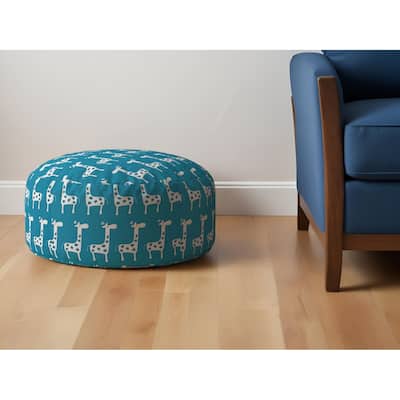 HomeRoots 24" Blue and White Cotton Round Giraffe Pouf Ottoman