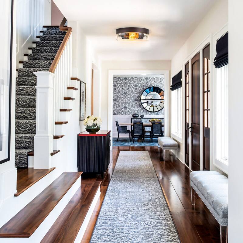 2-Light Gold/Bronze Modern Farmhouse Industrial Dimmable Dome Round Flush Mount Light with Seeded Glass Shade