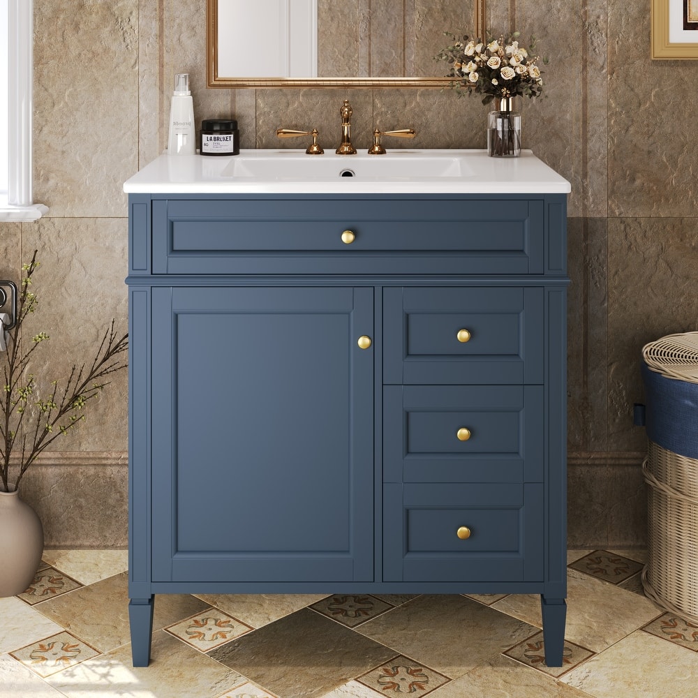 Single Sink Vanity for Bathroom Storage Cabinet with Tip-out Drawer, Small Drawer, Large Drawer, Door Rack and Adjustable Shelf