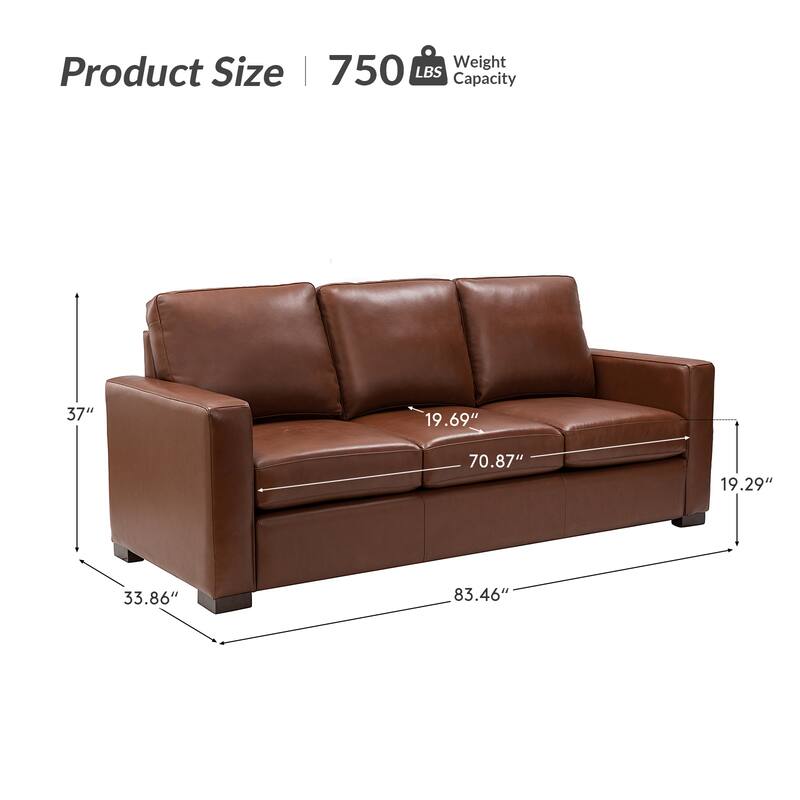 Ernando 83.46" Wide Genuine Leather Sofa with Squared Arms and Pillows