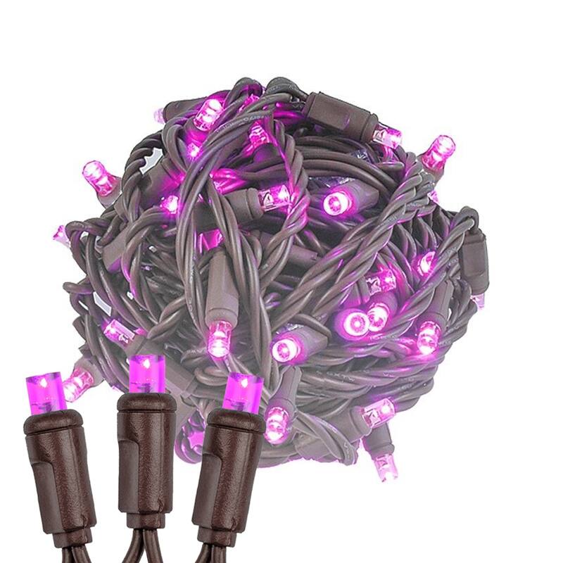 50 Light LED Christmas Mini Light Set, Patio Lights, Warm White, Brown Wire, 11’ - Pink