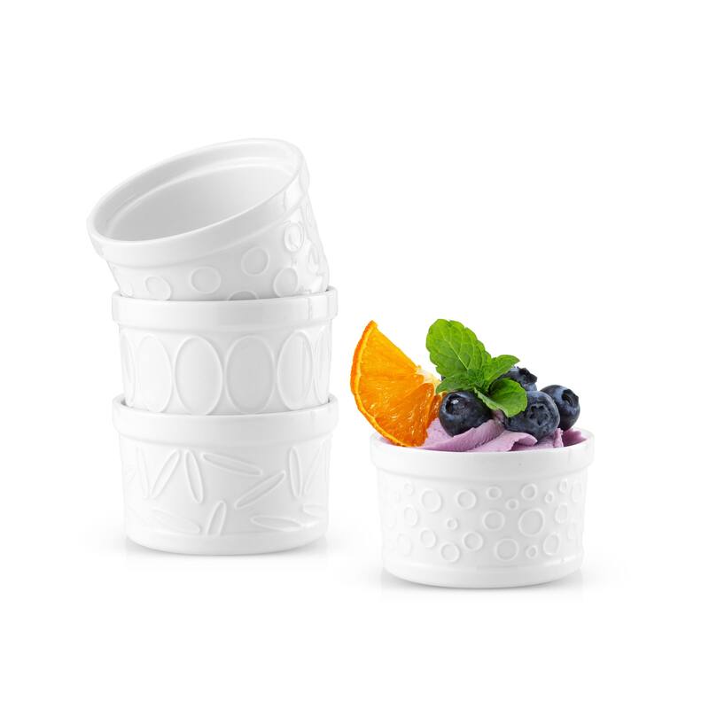 JoyJolt White Embossed Porcelain Ramekins - Set of 4 - 6 oz