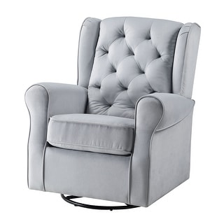 Grey Glider Swivel Chair: Transitional Design with Tufted Back and Stable Metal Base