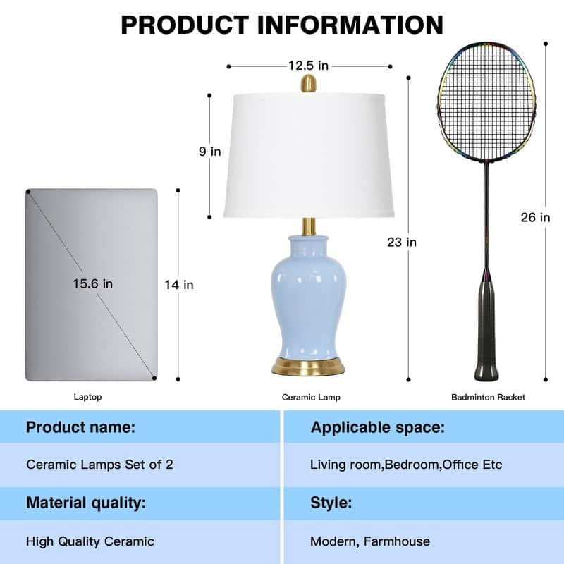 23'' Set of 2 Light Blue Ceramic Table Lamps with Gold Accents and White Drum Shades - 12.5''x12.5''x23''