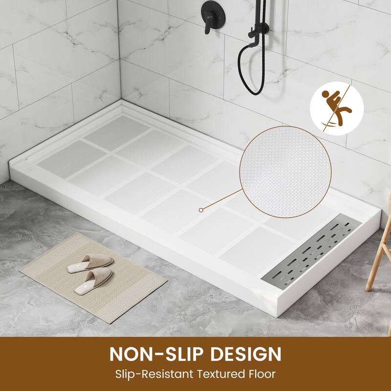 60 in. x 30 in. Elegant White Single Threshold Anti-slip SMC Rectangular Shower Base with Drain and Stainless Steel Drain Cover