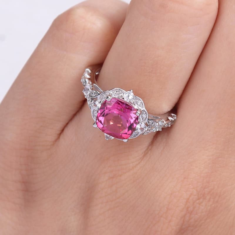 Miadora 10k White Gold Cushion-cut Pink Topaz White Sapphire and Diamond Accent Vintage Ring