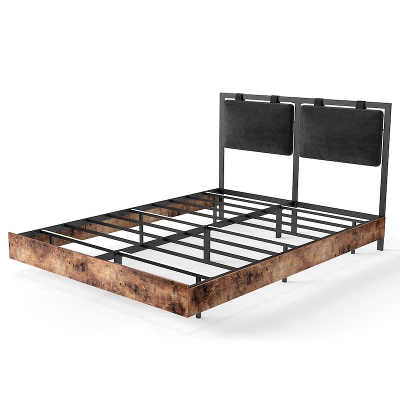 Floating Bed Frame with RGB LED Light Strip & Velvet Upholstered Hanging Headboard, Noise-Free Metal Slats Support, Black Brown