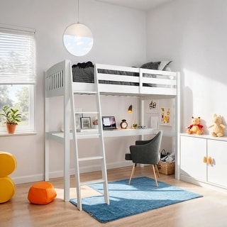 High Loft Bed with Desk and Storage, White