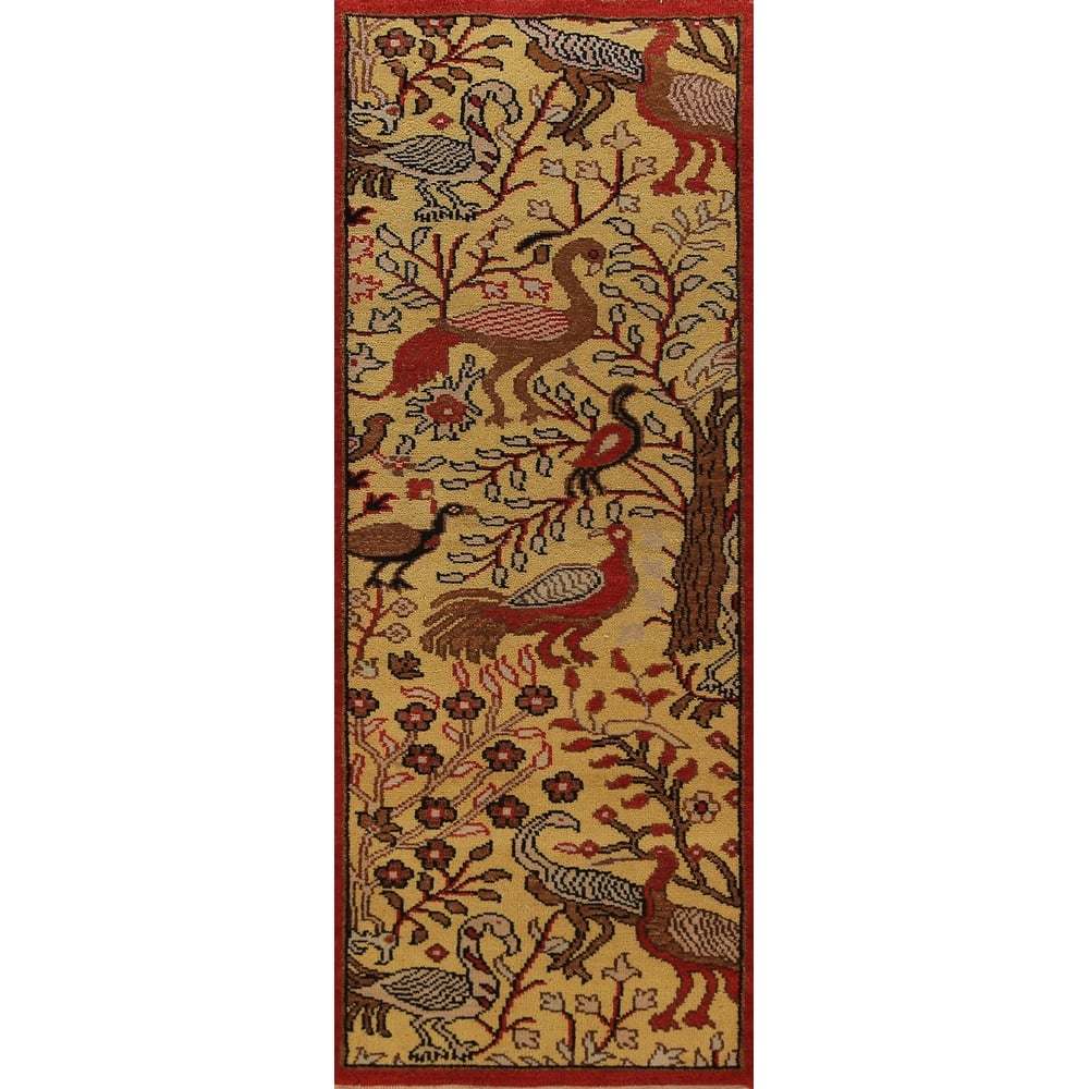Animals Design Yellow Ziegler Indian Runner Rug Handmade Wool Carpet - 2'6"x 8'0"