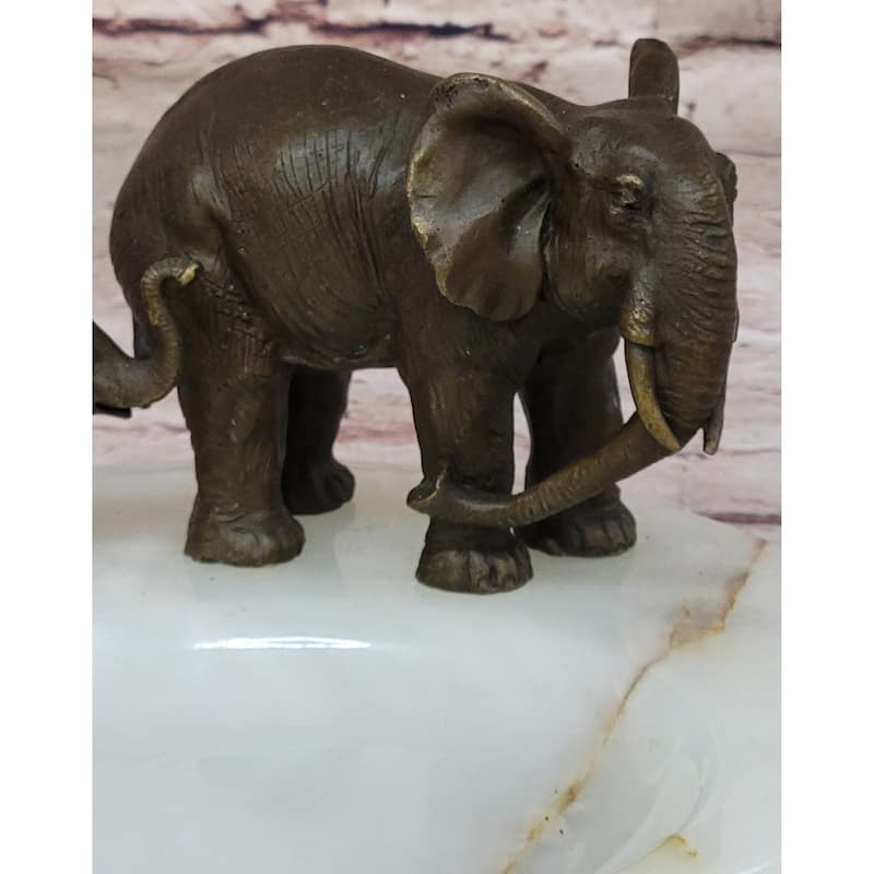 Bronze Metal Imitative Elephant Mother Calf On Marble Soap Dish Ashtray