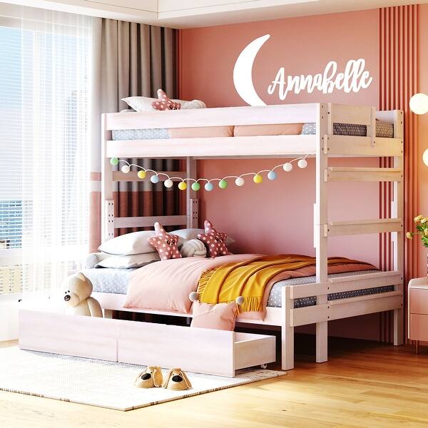 slide 2 of 18, Twin over Full Wood Bunk Bed with Full-length Guardrail,2 Drawers and Headboard and Footboard White