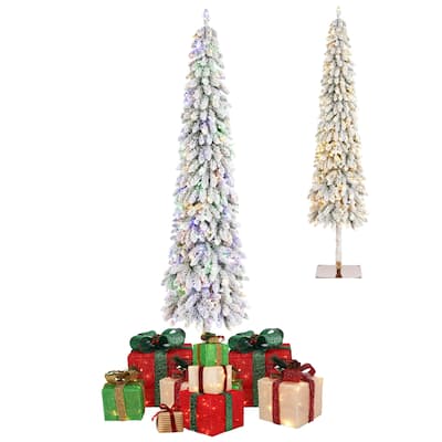 ﻿ Glitzhome 4.5/6/7.5 FT Pre-Lit Pencil Slim Artificial Christmas Tree with Snow Flocked Branches, Multicolored Lights and Base