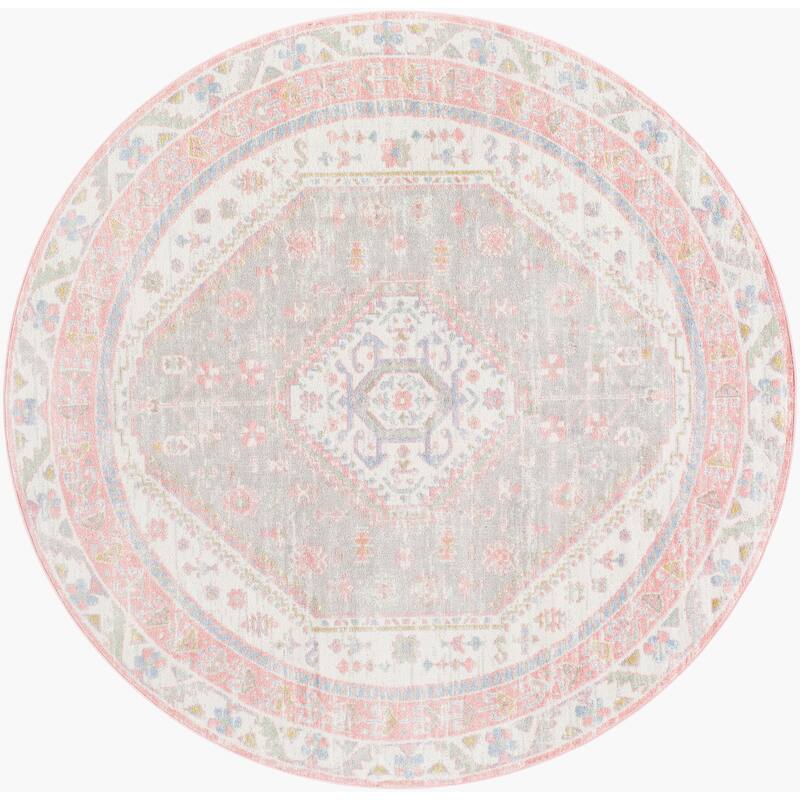 Livabliss Traditional Lavadora Medallion Washable Area Rug - 6'7" x 6'7" Round - Pink/Blue