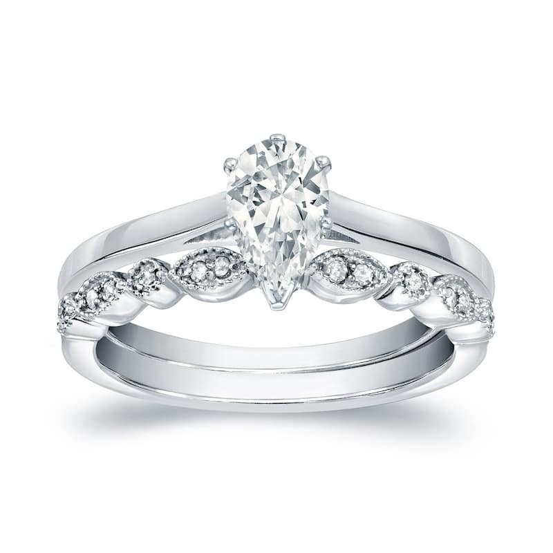 Auriya 14k Gold 1/2ctw Vintage Pear Shape Solitaire Diamond Engagement Ring Set