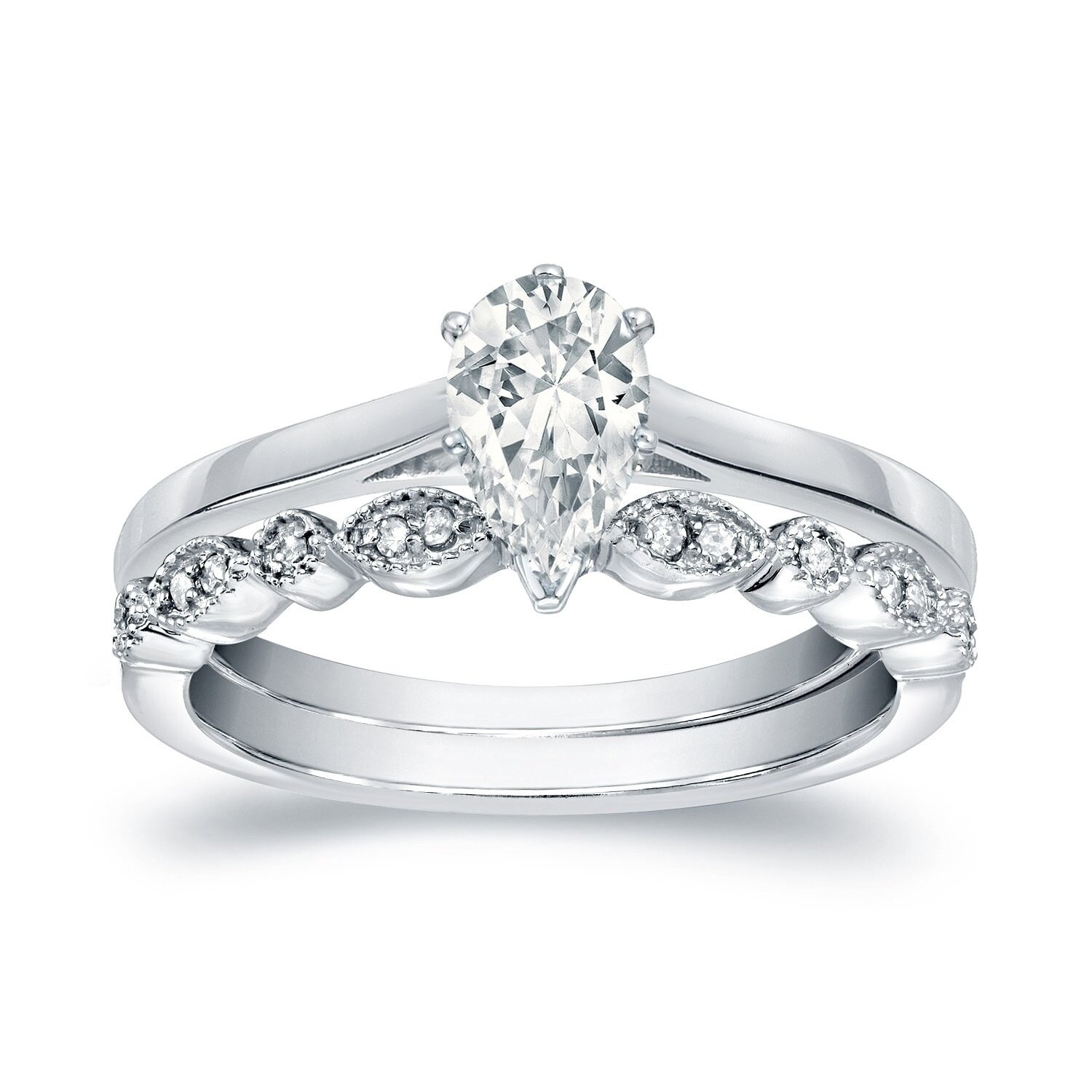 Auriya 14k Gold 1/2ctw Vintage Pear Shape Solitaire Diamond Engagement Ring Set