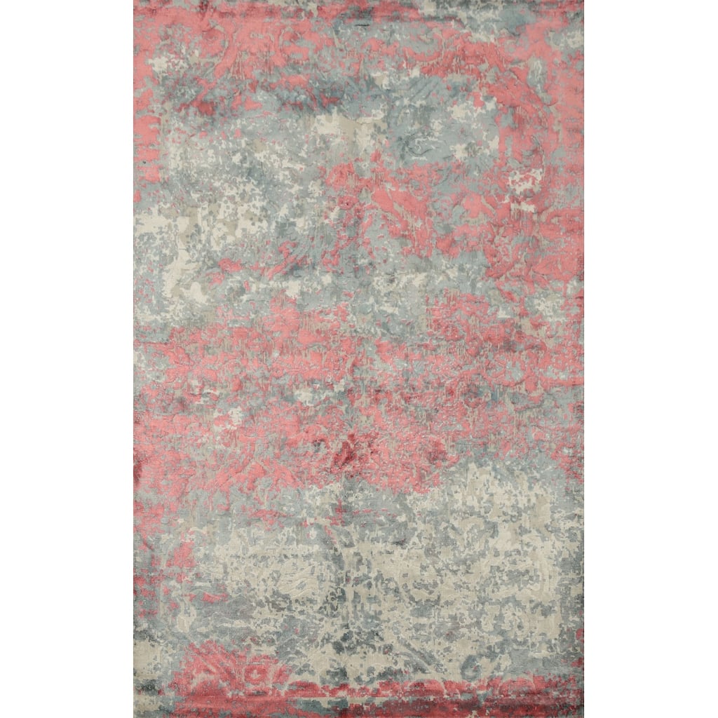 Hand Knotted Oriental Viscose Silk Carpet Modern Abstract Pink Abstract Area Rug - 6' 4'' X 4' 1''
