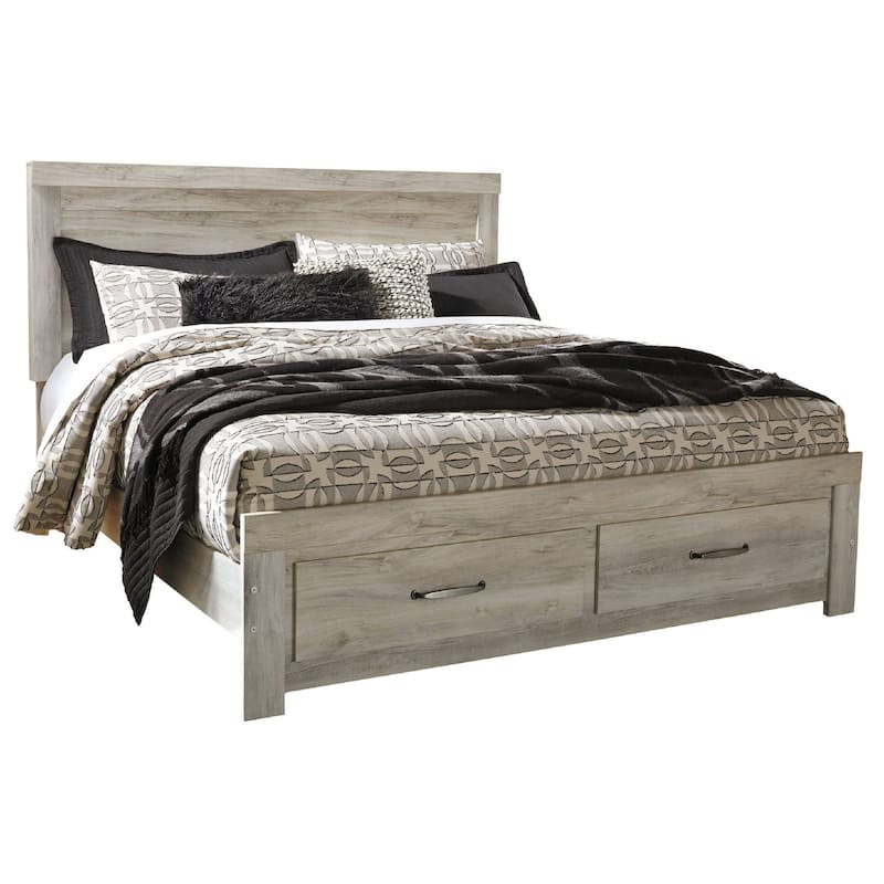 Simon King Platform Bed, 2 Drawer Footboard, Weathered Whitewash Wood