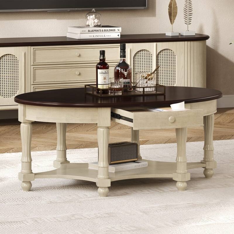 Vintage 45" Oval Coffee Table with Drawer and Storage Shelf, Elegant French Country Living Room Accent Table