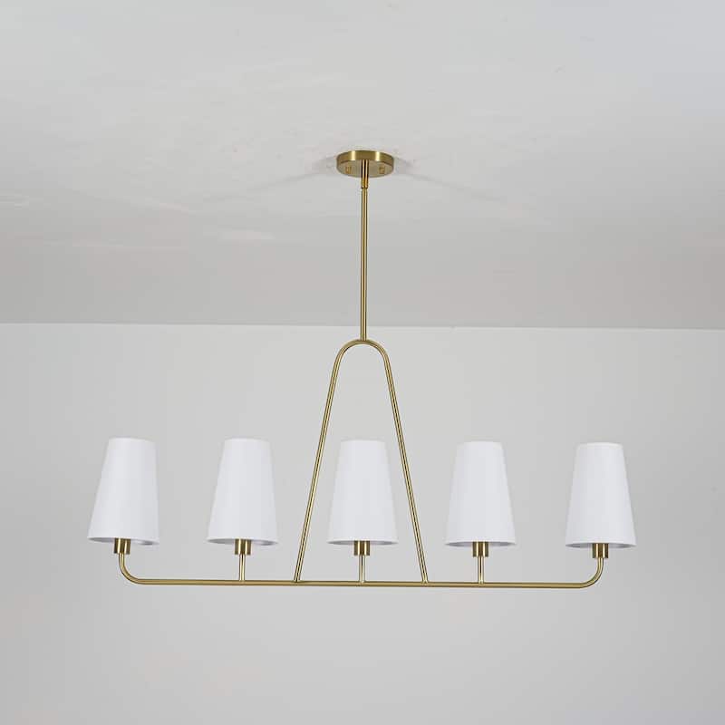 5-Light Mid-Century Modern Linear Pendant Light in Brass Finish White TC Fabric Shade for Dining Room and Kitchen Island