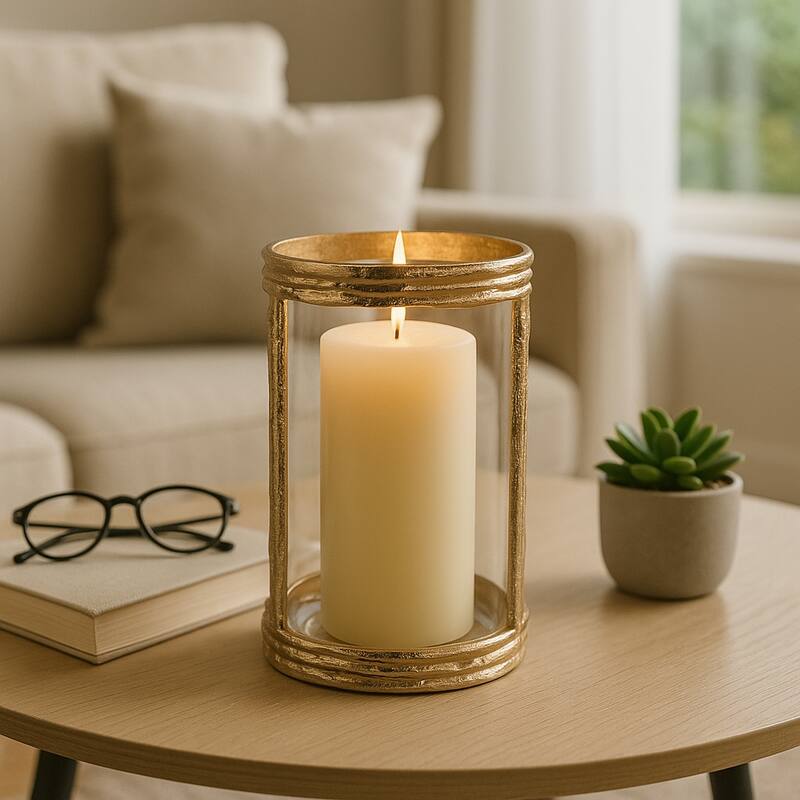 Aluminum Glass Pillar Holder Sculpted Organic Frame Handcrafted Detail - Gold/ Metallic - 8.0"