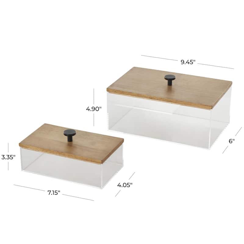 Acrylic Plastic Box with Brown Wooden Lids and Black Knobs - Set of 2 - Roche River Decor