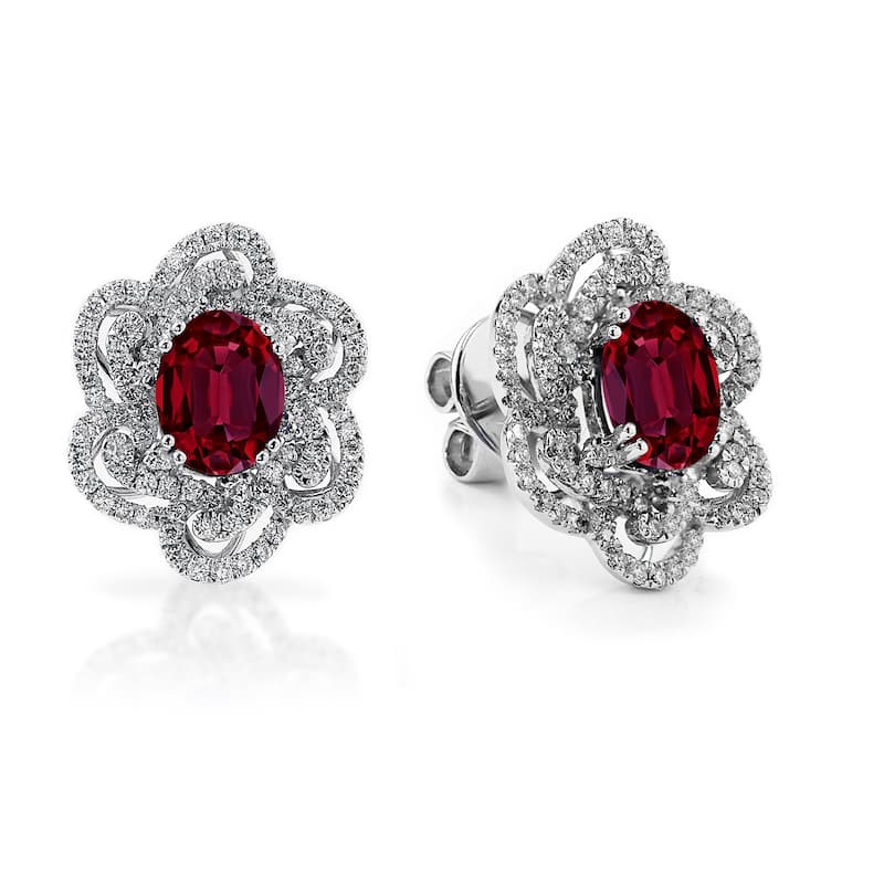 Auriya 2 3/4ct Fancy Oval-cut Red Ruby Halo Diamond Stud Earrings 9/10ctw 18k Gold