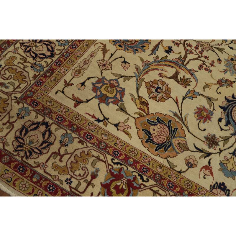 Hand Knotted Oriental 100% Wool Carpet Traditional Floral Beige & Ivories Tabriz Area Rug - 13' 7'' X 10' 4''