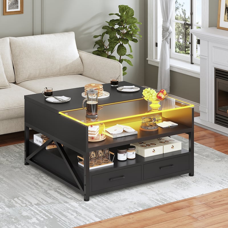 Coffee Table Lift Top 2 Drawers Hidden Compartment for Living Room