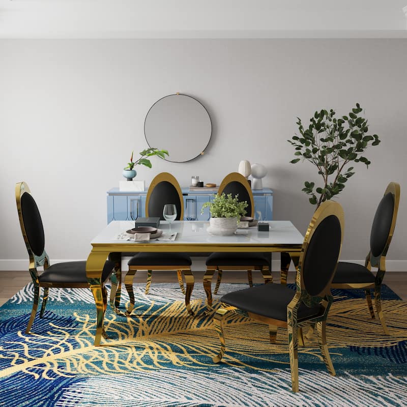 Luxury White Glass Dining Room Table Set with PU Leather Dining Chairs