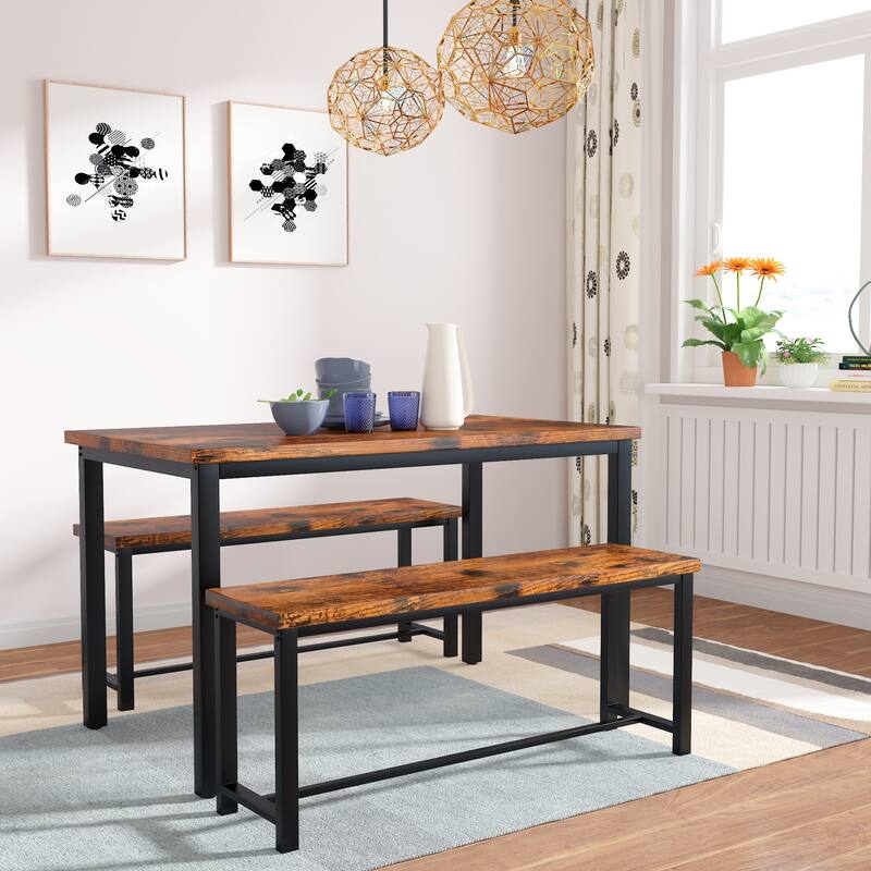 Dining Table Set with Two Benches, Kitchen Table Set for 4 Persons