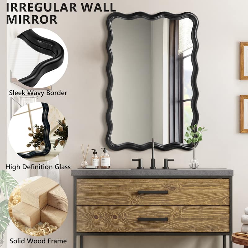 Scalloped Wood Frame Rectangle Wavy Wall Mirror