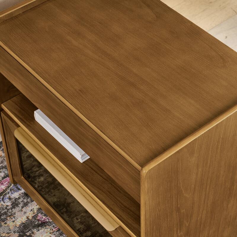 Roomfitters Mid Century Nightstand, Glass Drawer, Bedside Table with Charging Ports, Storage