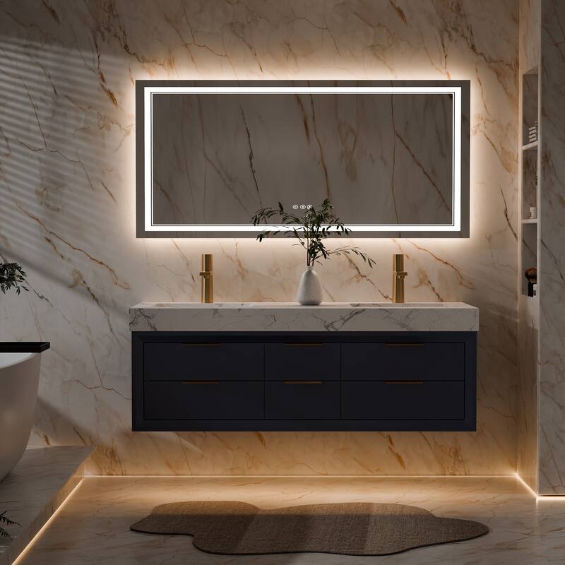 Modland 60" Modern Floating Bathroom Vanity with Double Sink, Soft-Close Drawers, White Stone Countertop