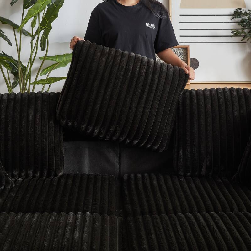 Anmytek 84 Inch Corduroy 3-Seater Deep Seat Sofa with Ottoman Storage Cup Holders and Pillows