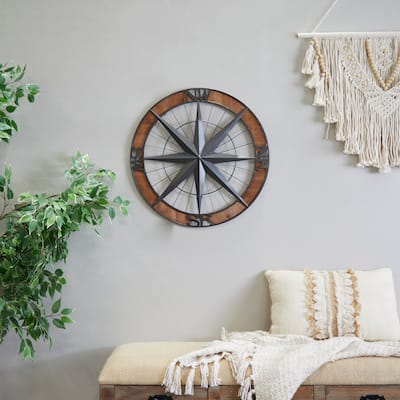 Gray Metal Compass Sign Home Wall Decor with Wood Frame