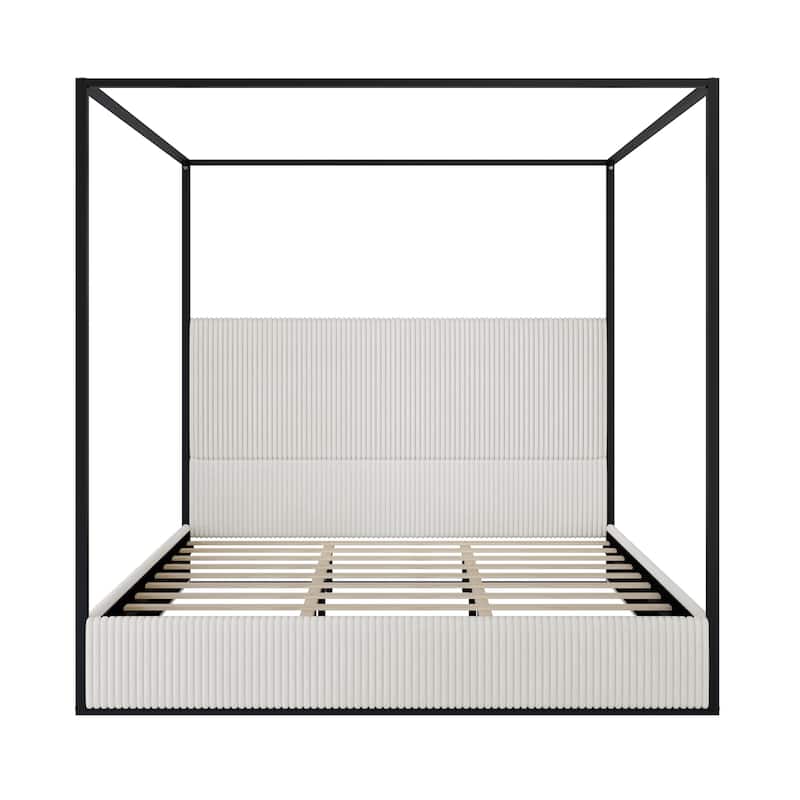 Contemporary Corduroy Upholstered Canopy Bed with Tall Headboard & Sleek Metal Frame