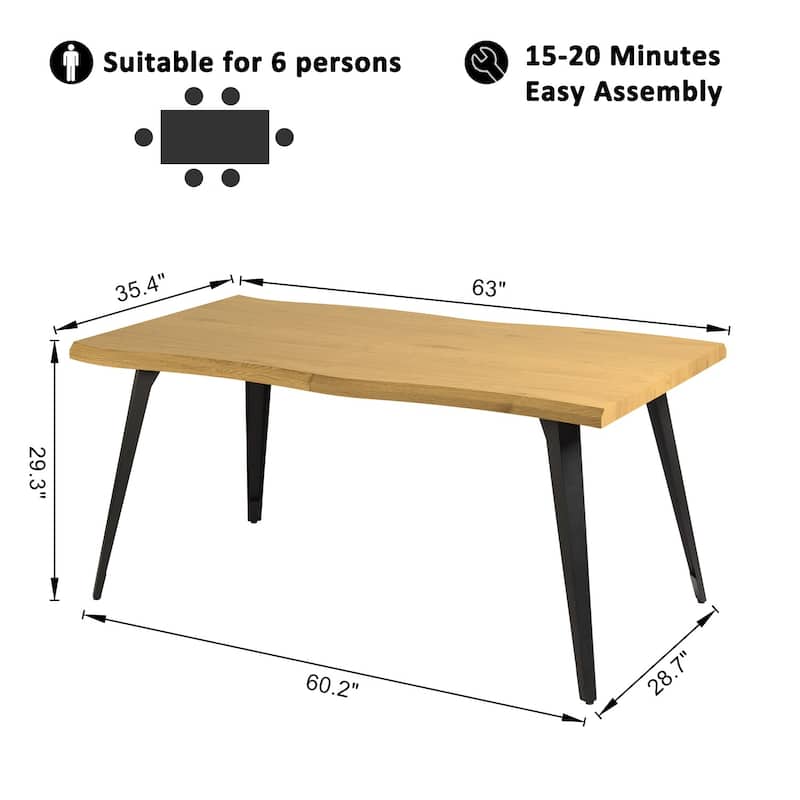 Homy Casa 63" Live Edge Dining Table with Solid Wood Top and Metal Legs for Rustic Modern Dining Spaces