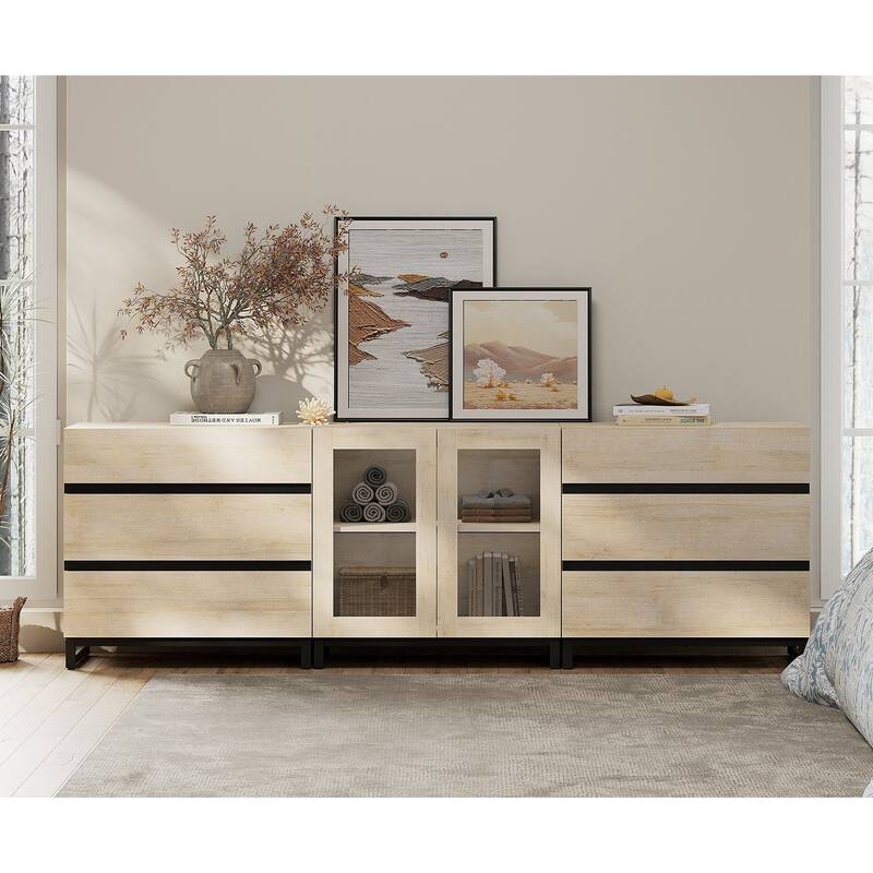 WAMPAT 3 in 1 Multifunctional Dresser with Glass Doors and 6 Drawers, Modern Chest of Drawers for Bedroom - Beige - 6-drawer
