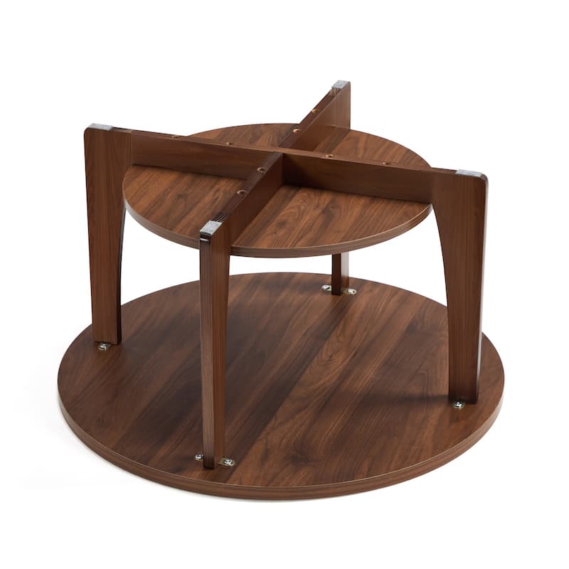 31.5" Round Coffee Table with Solid Wood Legs and 2-Tier Storage - 31.5"Dia x 17.72"H