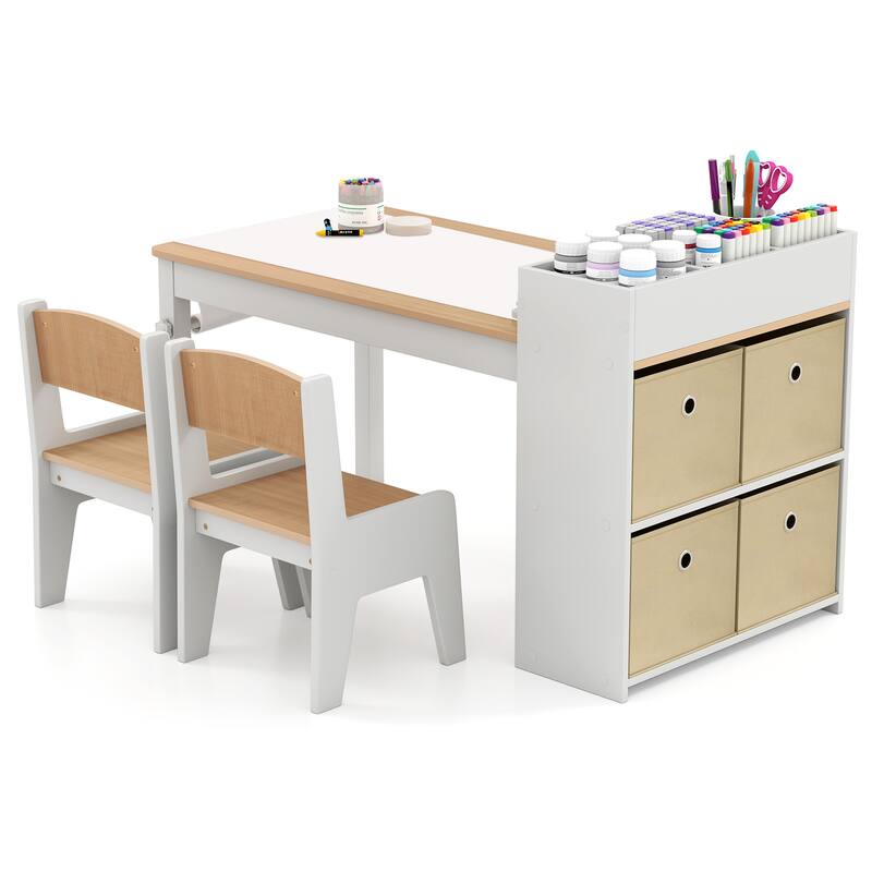 Kids Art Table and 2 Chairs Set with 4 Fabric Storage Bins and 4 Compartments - 39.5" x 20" x 23" (L x W x H)