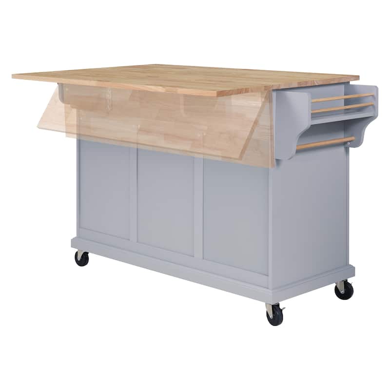 Natural Wood Topped Kitchen Island with Storage, Mobile Kitchen Cart