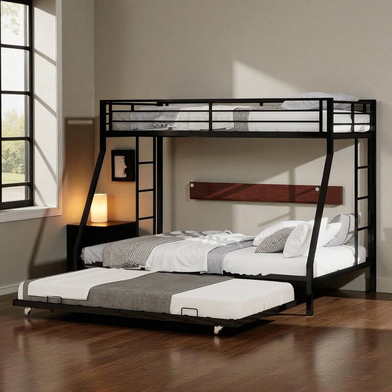 Full Size Metal Bunk Bed with Ladder and Rolling Trundle, Square Tube Frame, Heavy-Duty Triple-Sleeper for Home or Dorm