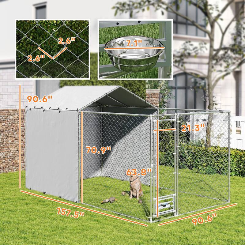 PawHut Large Outdoor Dog Kennel, Heavy Duty Dog Kennel Outside with Waterproof & UV-Resistant Cover, Rotating Bowls Door