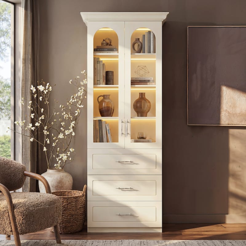 Modular Bookcase with LED Lights, Glass Door Storage Cabinet with Drawers, Large Display Shelving Unit Sideboard
