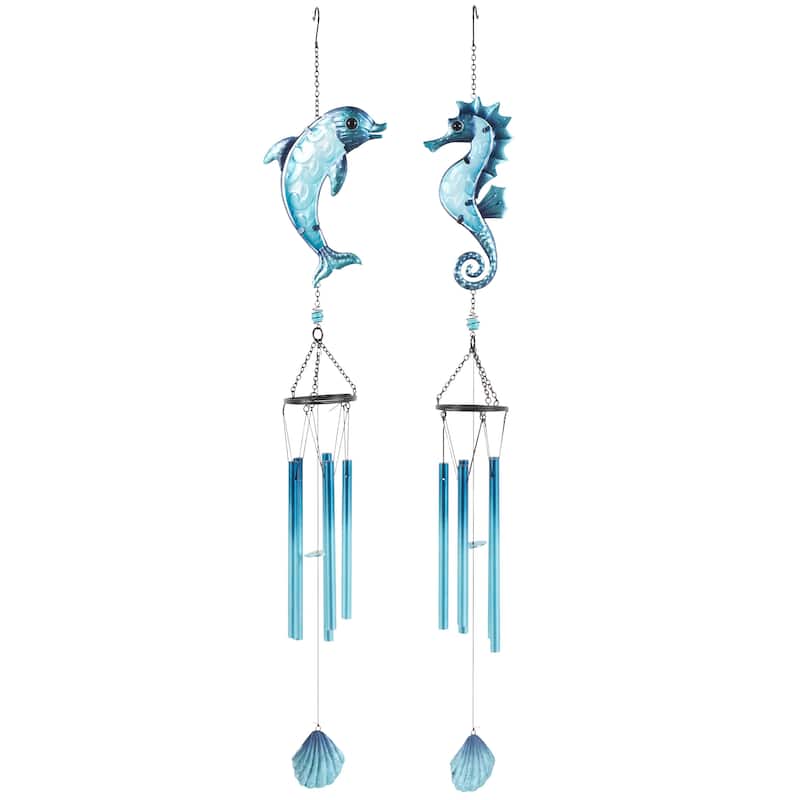 Blue Metal Animals Sea Life Windchime with Dangling Seashells (Set of 2)
