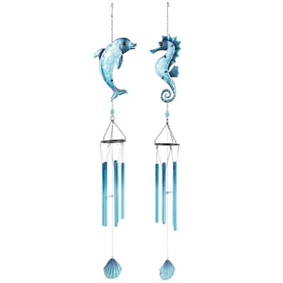 Metal Sea Life Animals Windchime with Dangling Seashells - Set of 2 Blue - Roche River Decor