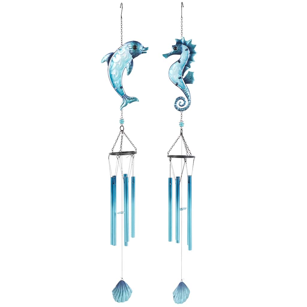 Metal Sea Life Animals Windchime with Dangling Seashells - Set of 2 Blue - Roche River Decor
