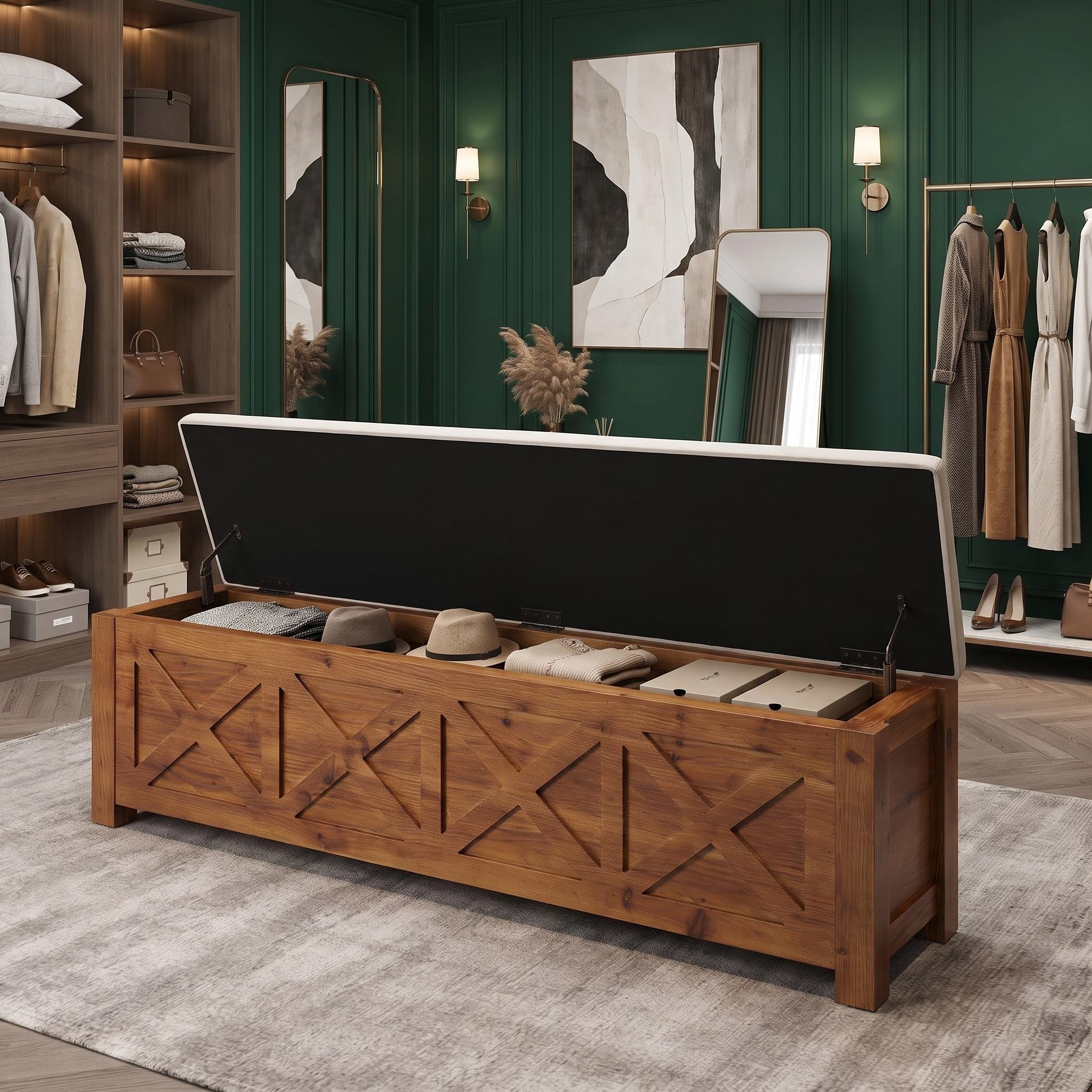 63-Inch Solid Wood Storage Bench with Lift-Top Cushion, Extra-Long Indoor Bench with X Barn-Front for Entrance, Living Room