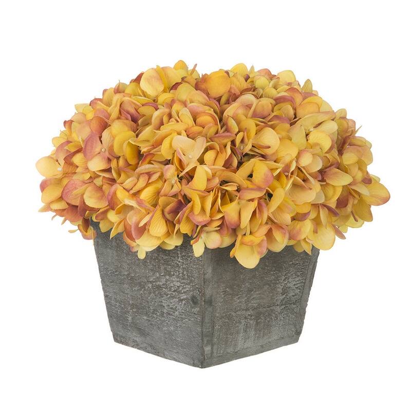 Faux Hydrangea in Grey Washed Wood Cube Planter - Gold